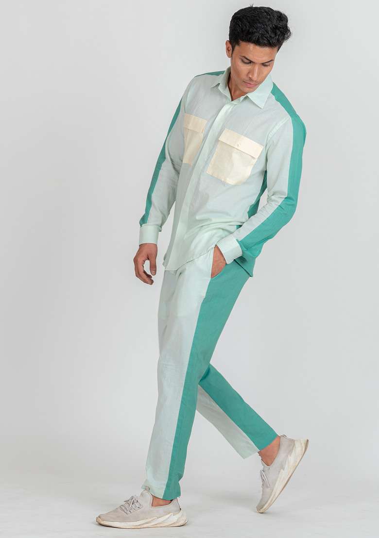 Blue Colour Blocked Serene Marine Shirt For Men - Indya