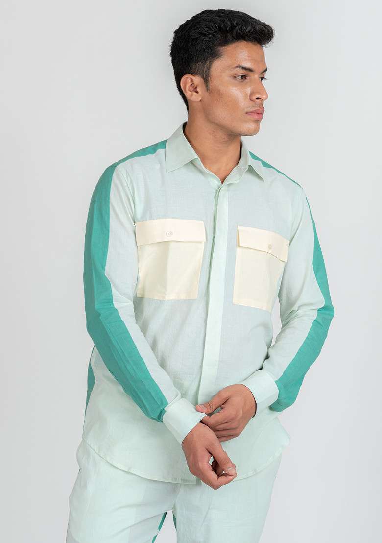 Blue Colour Blocked Serene Marine Shirt For Men - Indya