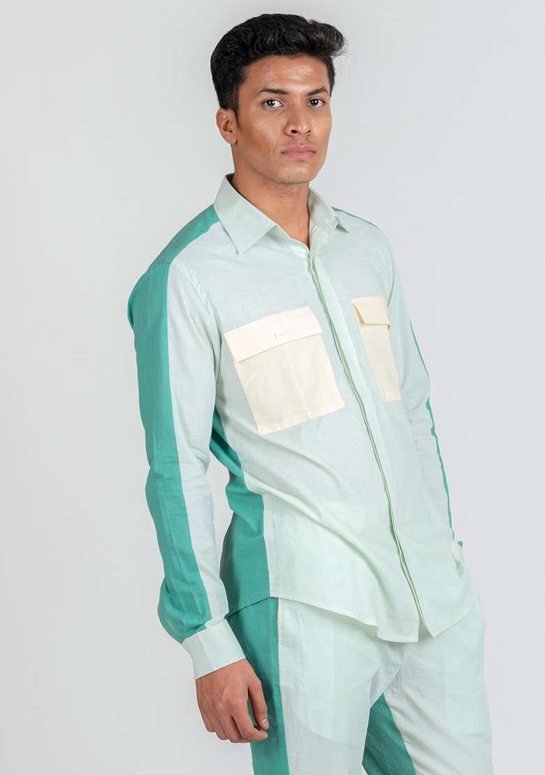 Blue Colour Blocked Serene Marine Shirt For Men - Indya
