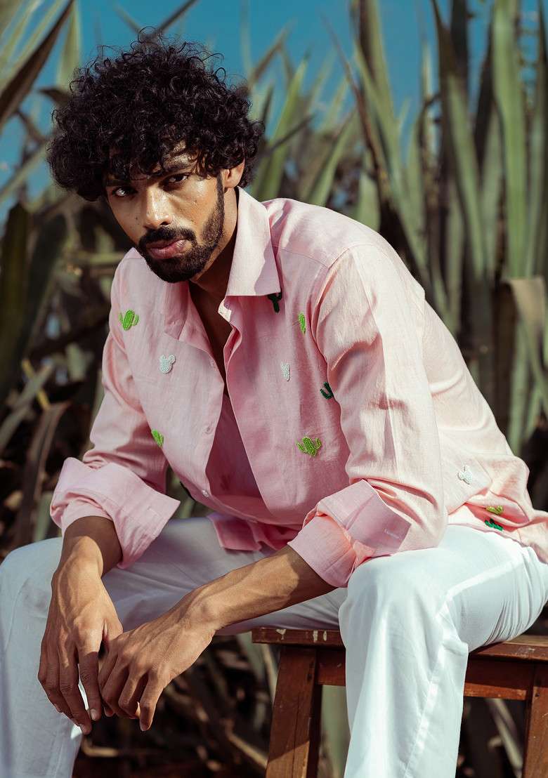 Pink Hand Embroidered Cacti High Shirt For Men - Indya