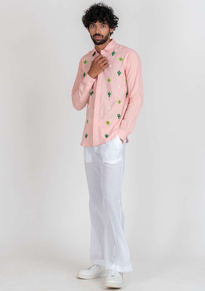 Pink Hand Embroidered Cacti High Shirt For Men - Indya
