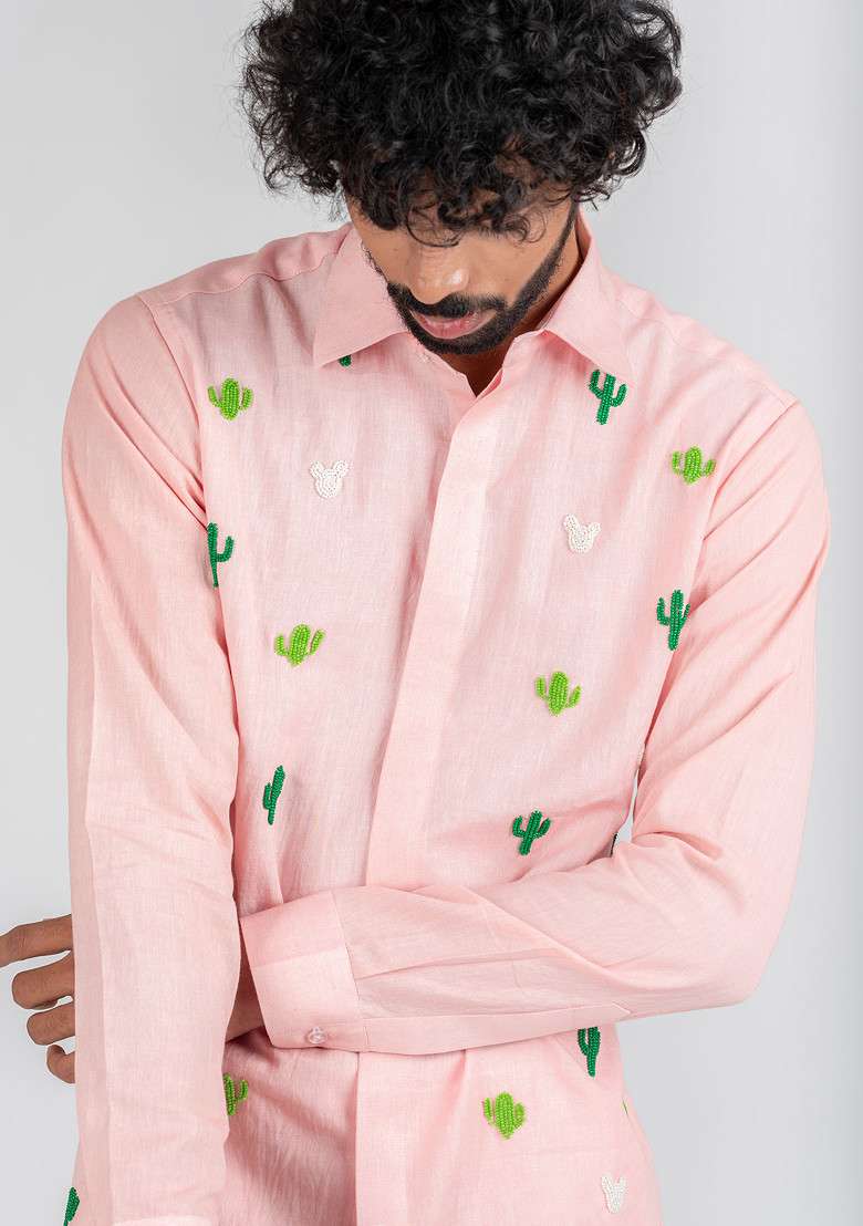 Pink Hand Embroidered Cacti High Shirt For Men - Indya