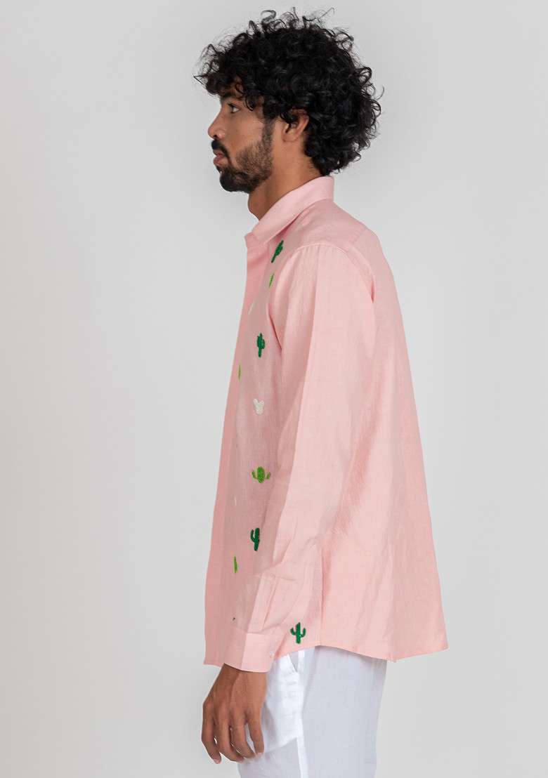 Pink Hand Embroidered Cacti High Shirt For Men - Indya