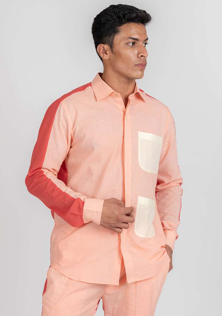 Pink Colour Blocked Flamingo Fly Shirt For Men - Indya