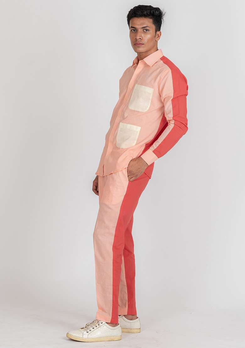 Pink Colour Blocked Flamingo Fly Shirt For Men - Indya