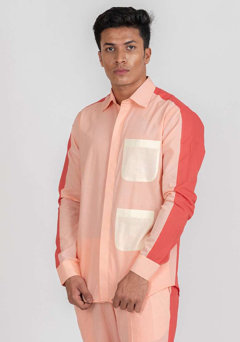 Pink Colour Blocked Flamingo Fly Shirt For Men - Indya