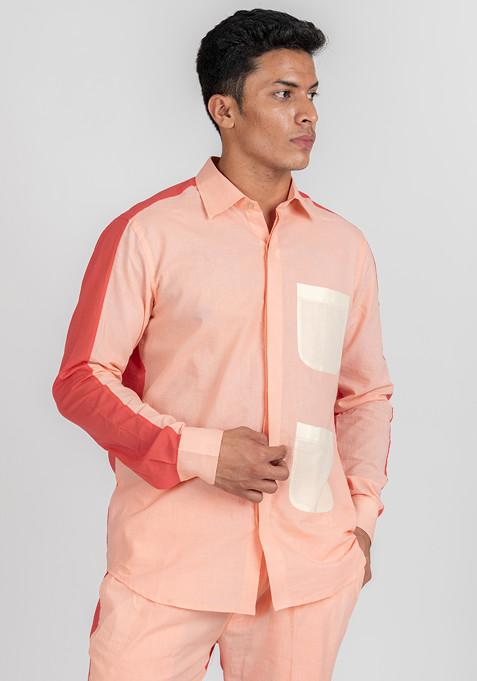 Pink Colour Blocked Flamingo Fly Shirt For Men