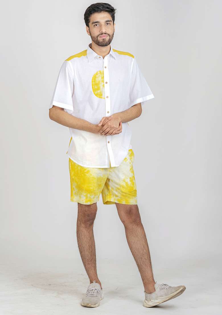 Yellow Tie And Dye Printed Summer Sun Shirt For Men - Indya