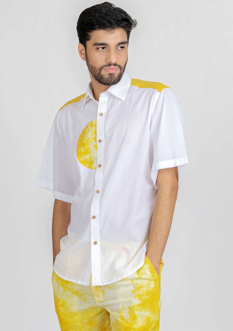 Yellow Tie And Dye Printed Summer Sun Shirt For Men - Indya