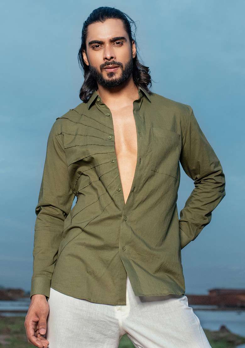 Green Hand Dyed Jalapeno Rays Shirt For Men - Indya