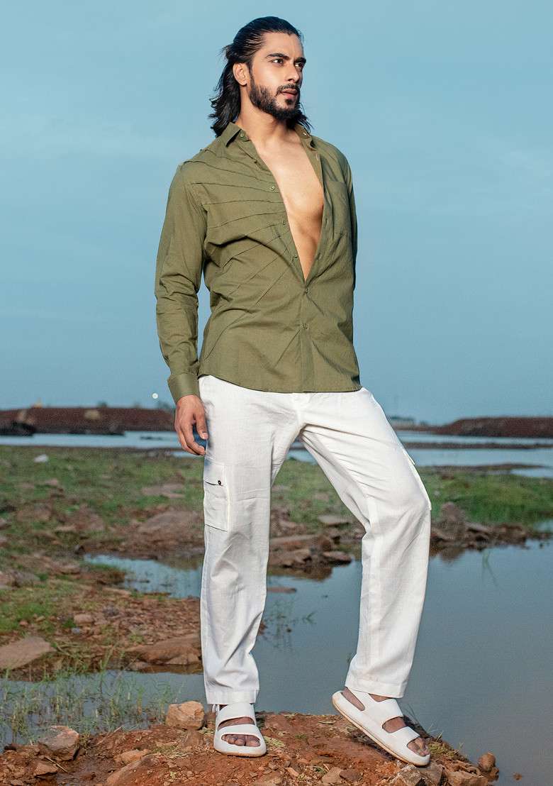 Green Hand Dyed Jalapeno Rays Shirt For Men - Indya