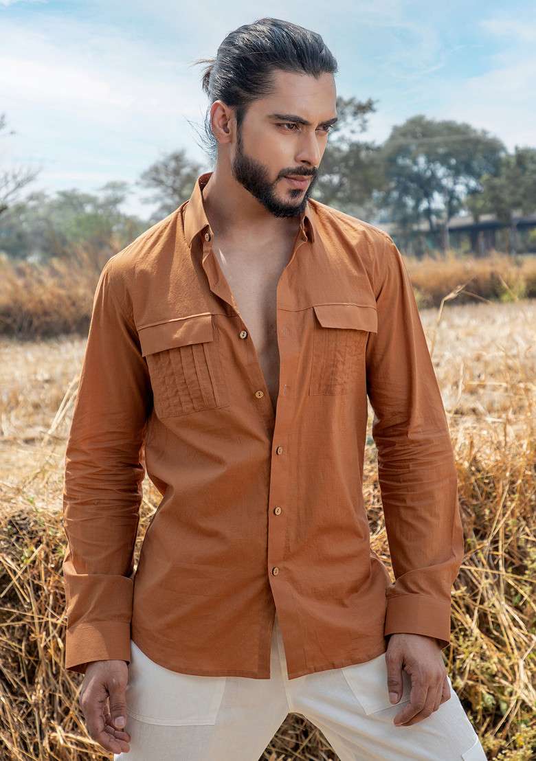 Rust Hand Dyed Ochre Safari Shirt For Men - Indya