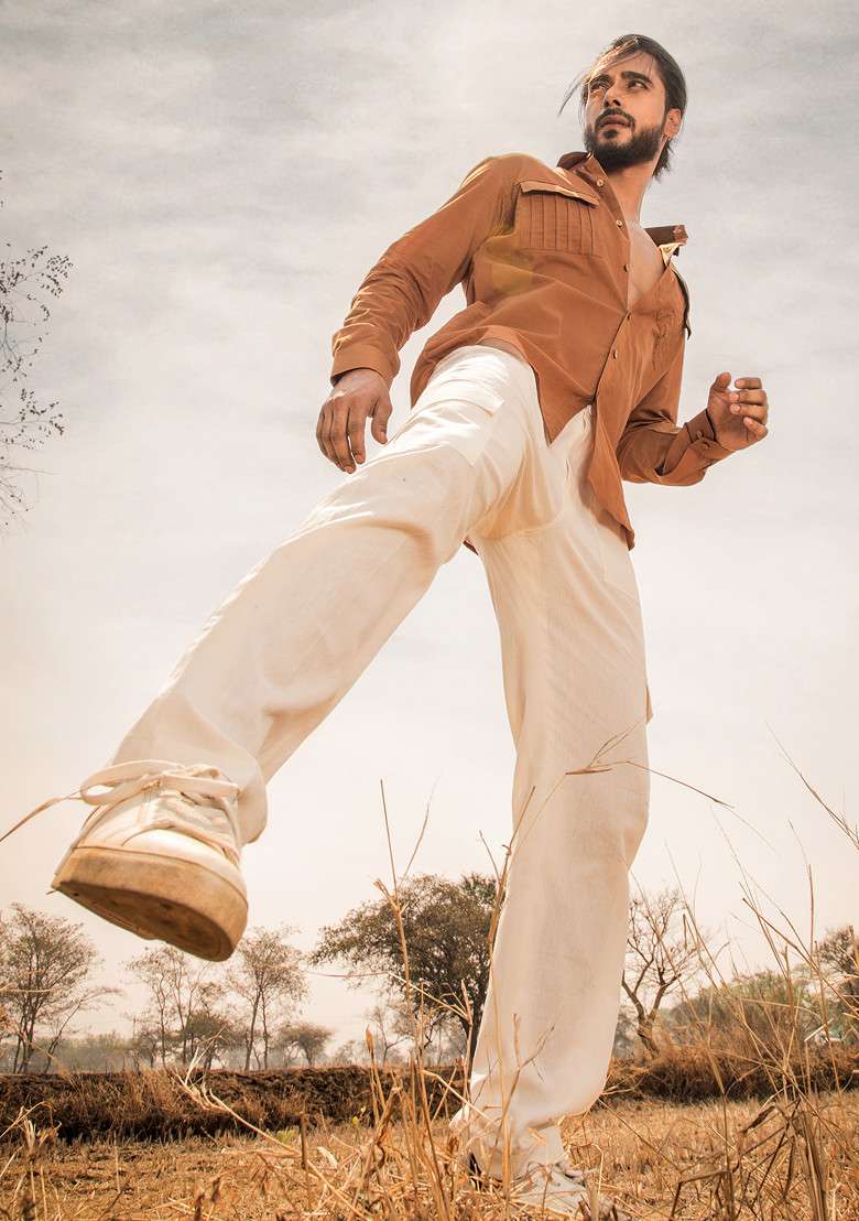 Rust Hand Dyed Ochre Safari Shirt For Men - Indya