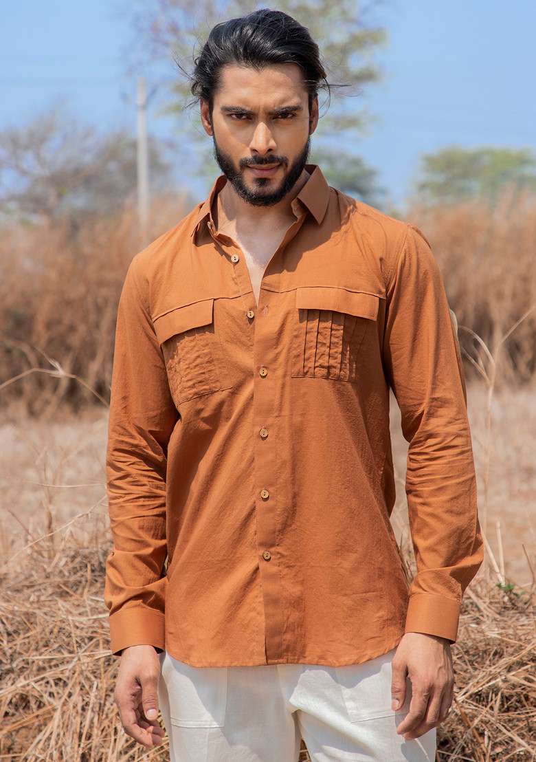 Rust Hand Dyed Ochre Safari Shirt For Men - Indya