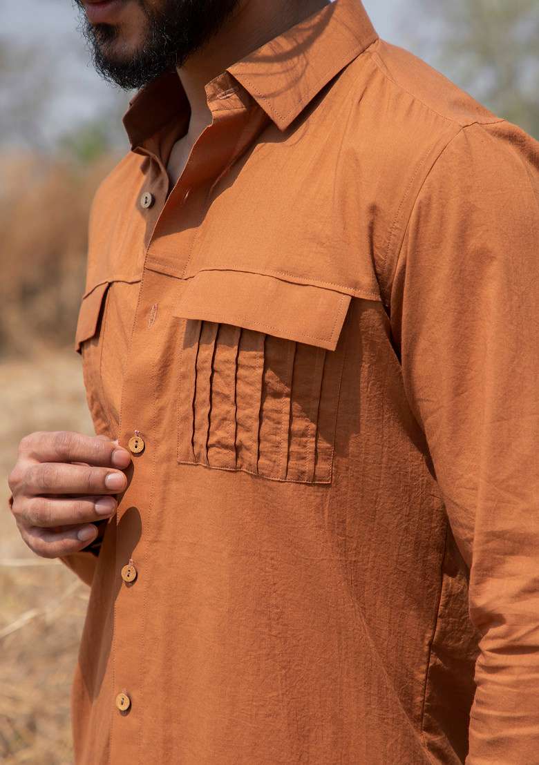 Rust Hand Dyed Ochre Safari Shirt For Men - Indya