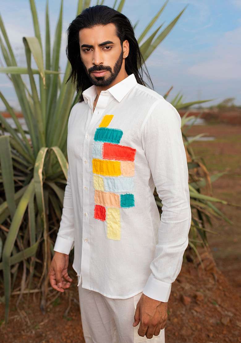 White Multicolour Hand Dyed Fab Fringes Shirt For Men - Indya