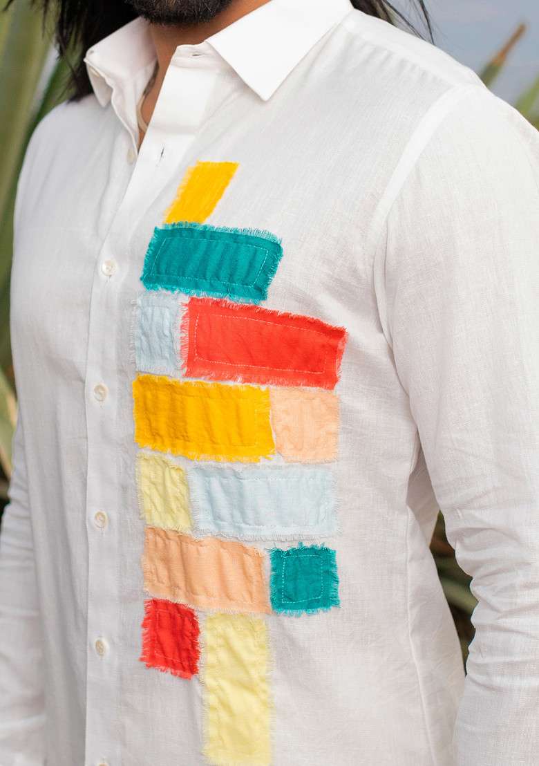 White Multicolour Hand Dyed Fab Fringes Shirt For Men - Indya