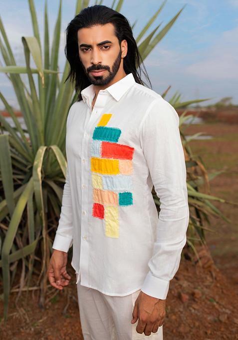 White Multicolour Hand Dyed Fab Fringes Shirt For Men