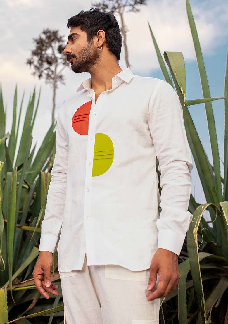 White Multicolour Patch Pop Shirt For Men - Indya