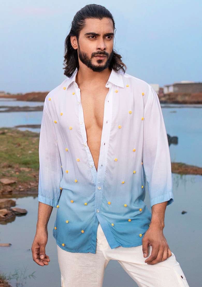 White MulticolourHand Dyed Oceango Shirt For Men - Indya
