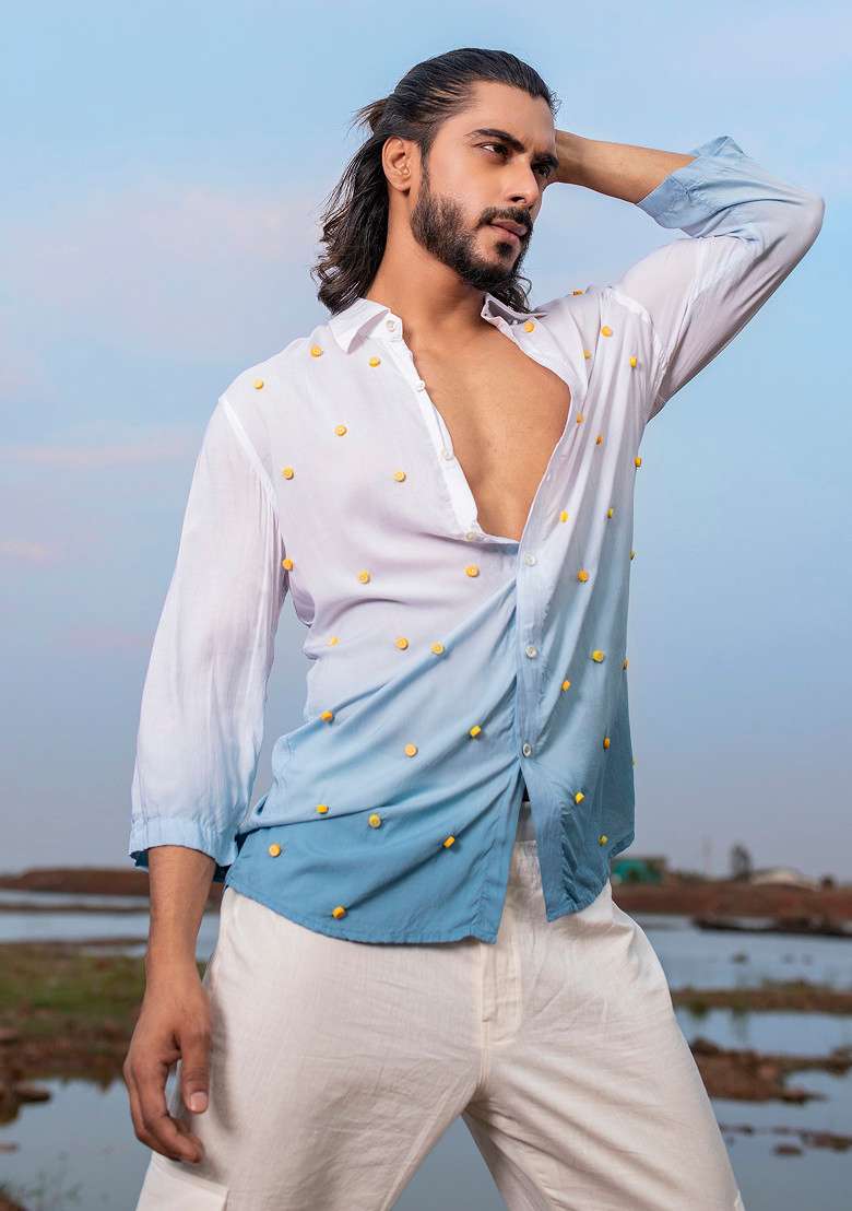 White MulticolourHand Dyed Oceango Shirt For Men - Indya