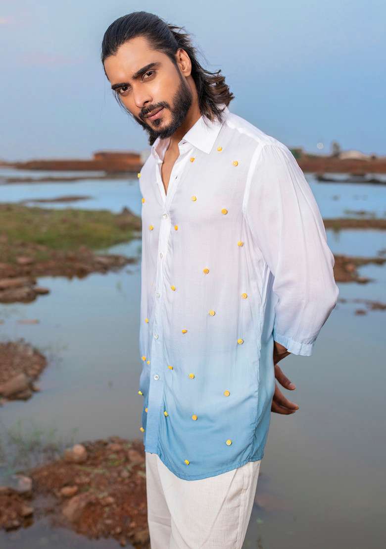 White MulticolourHand Dyed Oceango Shirt For Men - Indya