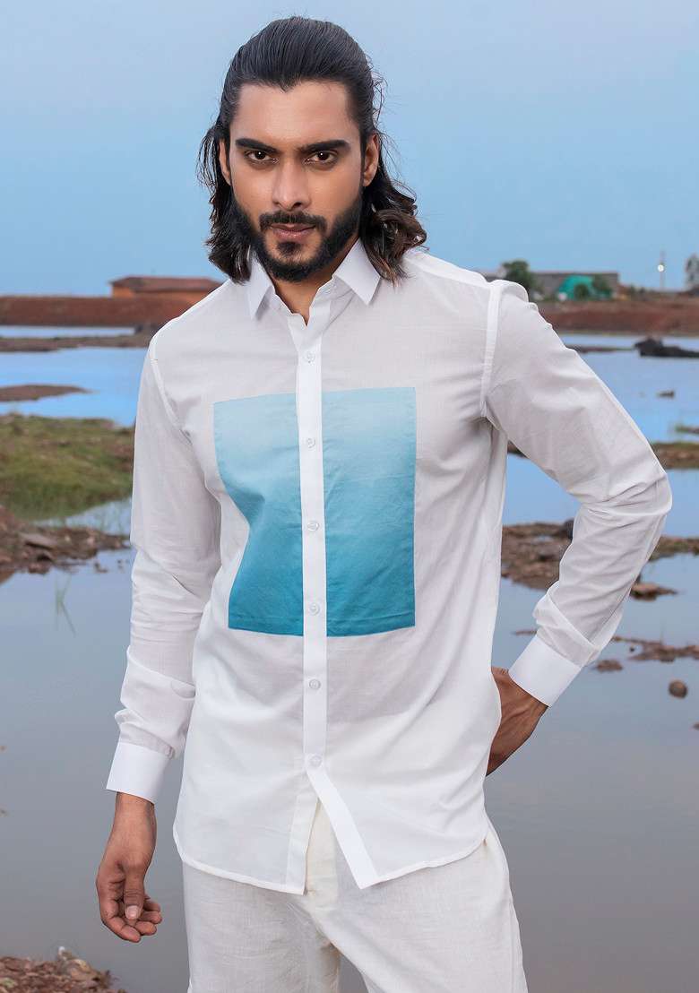 White MulticolourHand Dyed Lane Shirt For Men - Indya