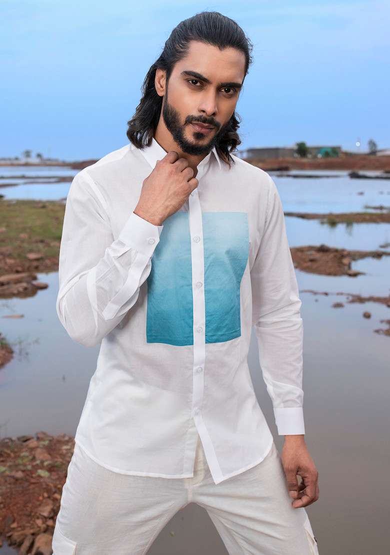 White MulticolourHand Dyed Lane Shirt For Men - Indya