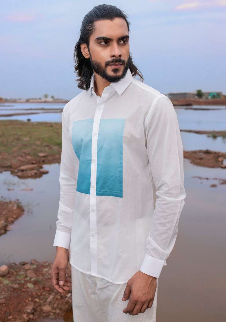 White MulticolourHand Dyed Lane Shirt For Men - Indya