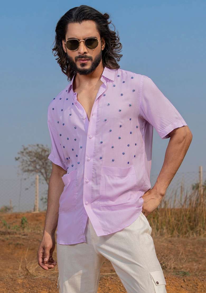 Lavender Hand Embroidered Eye Shirt For Men - Indya
