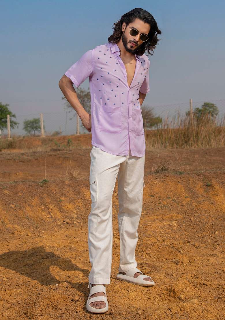 Lavender Hand Embroidered Eye Shirt For Men - Indya