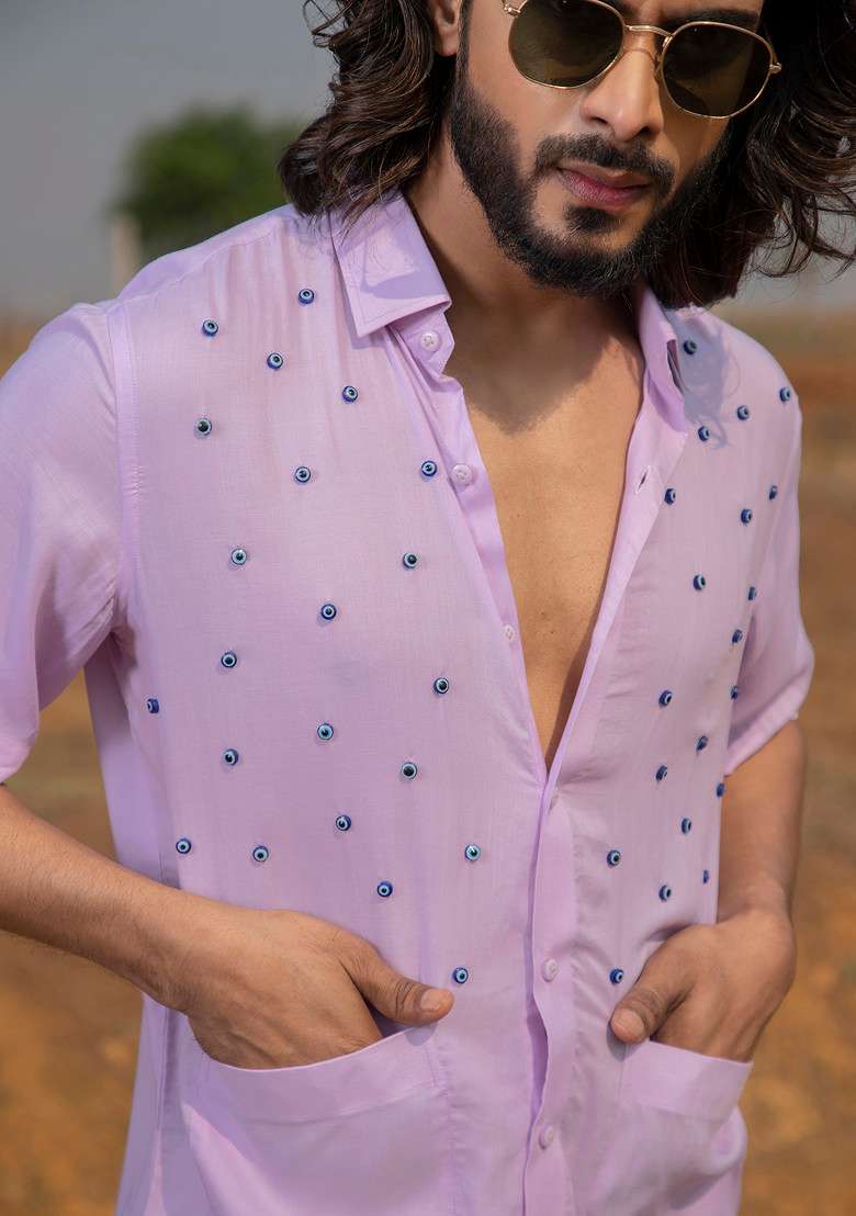 Lavender Hand Embroidered Eye Shirt For Men - Indya