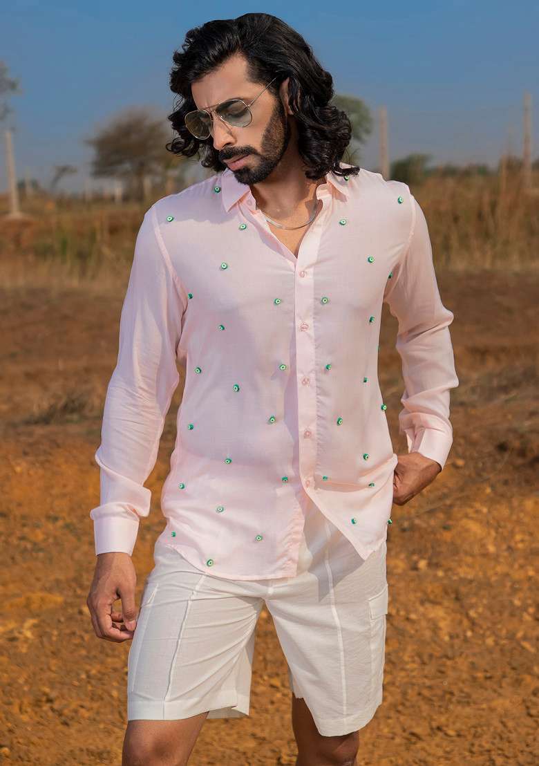 Pink Hand Embroidered Avo Pop Shirt For Men - Indya