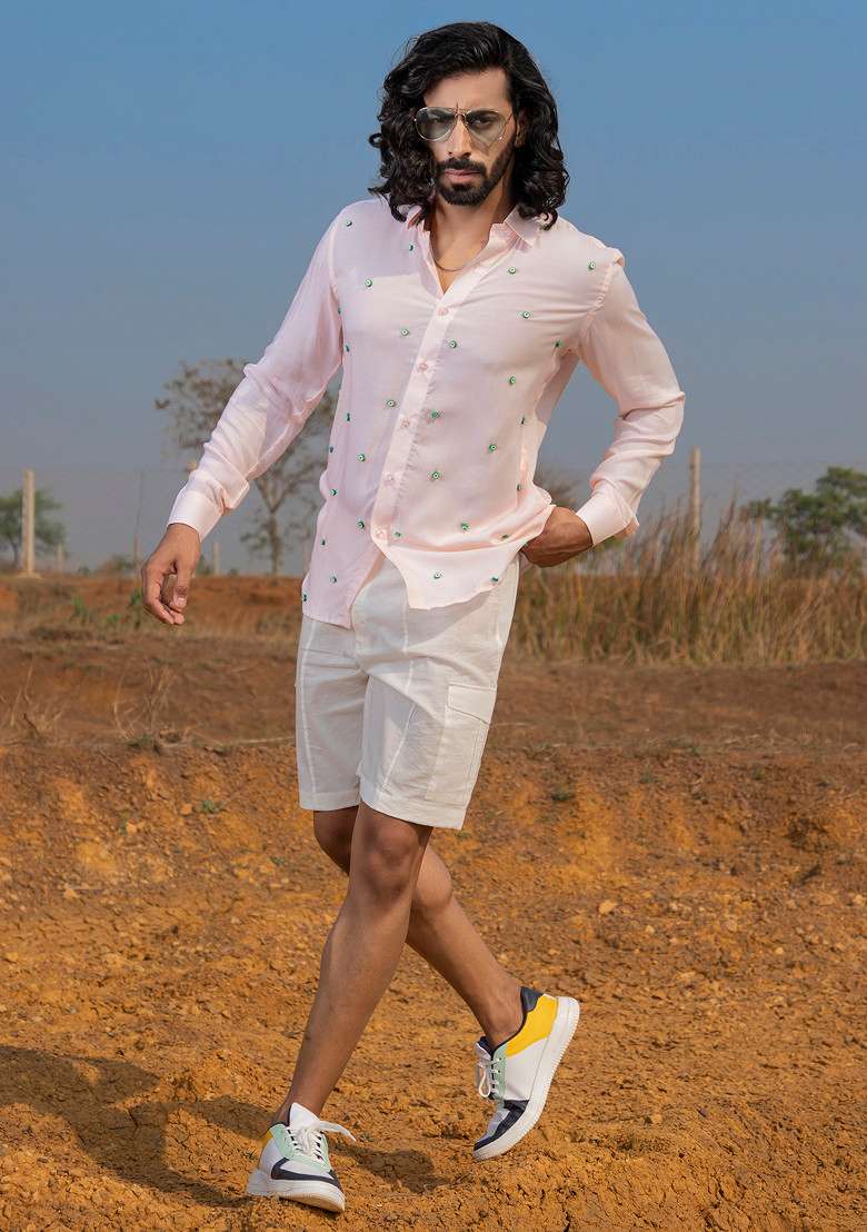 Pink Hand Embroidered Avo Pop Shirt For Men - Indya