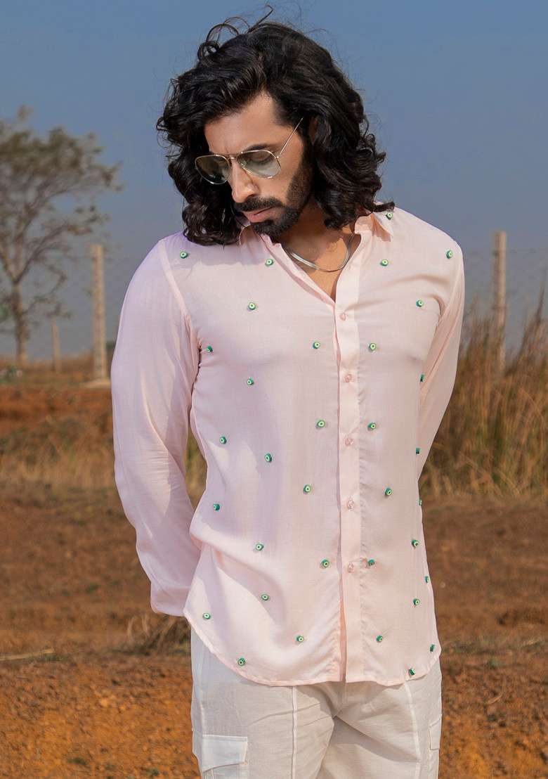 Pink Hand Embroidered Avo Pop Shirt For Men - Indya