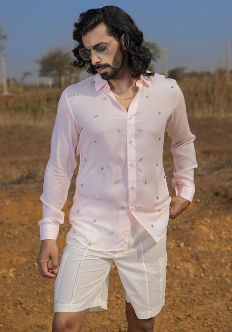 Pink Hand Embroidered Avo Pop Shirt For Men