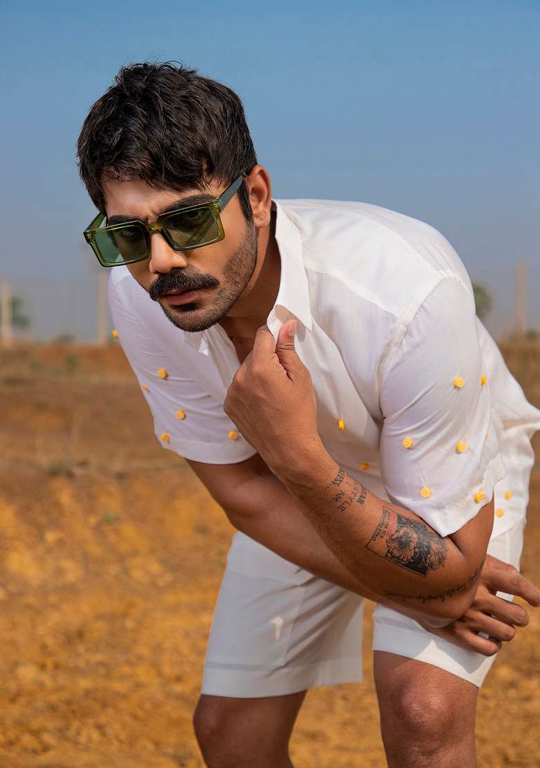 White And Orange Hand Embroidered Shirt For Men - Indya