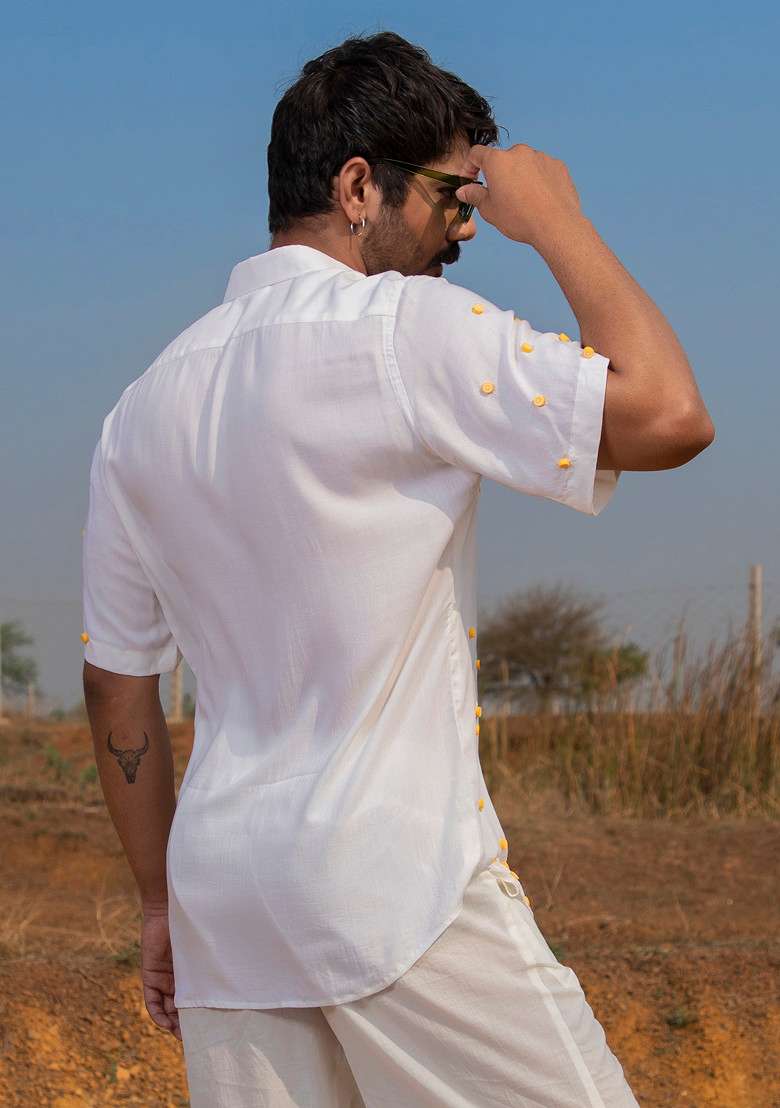 White And Orange Hand Embroidered Shirt For Men - Indya