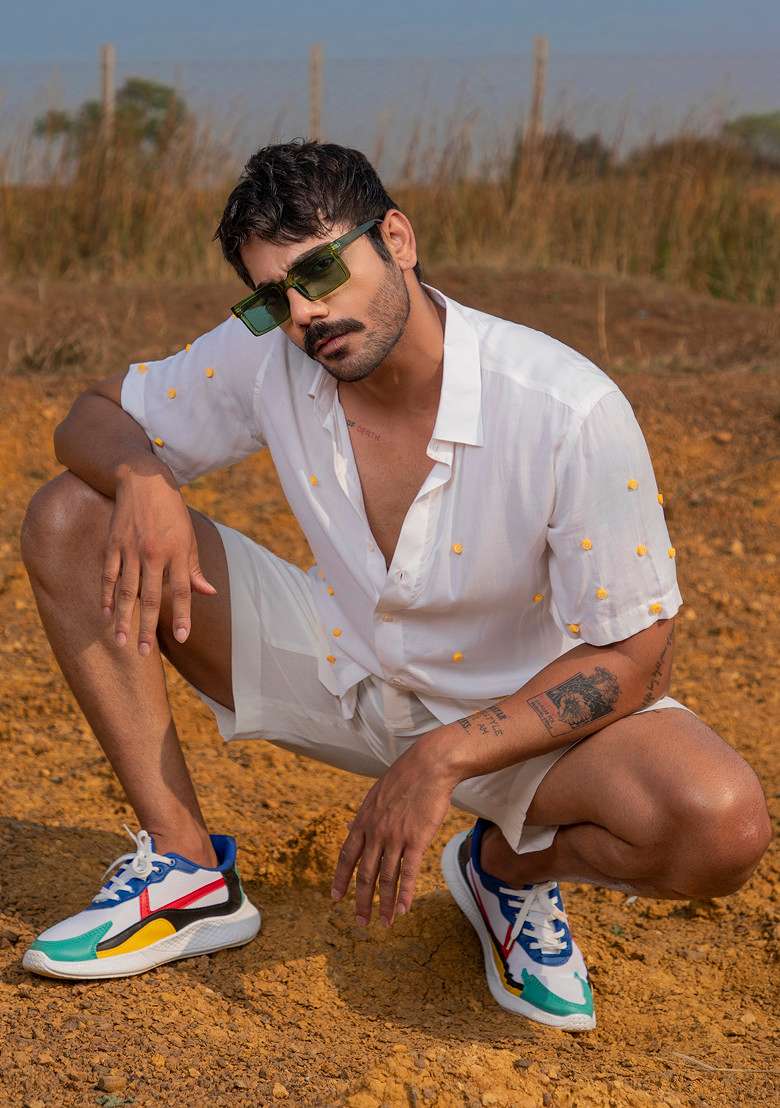White And Orange Hand Embroidered Shirt For Men - Indya