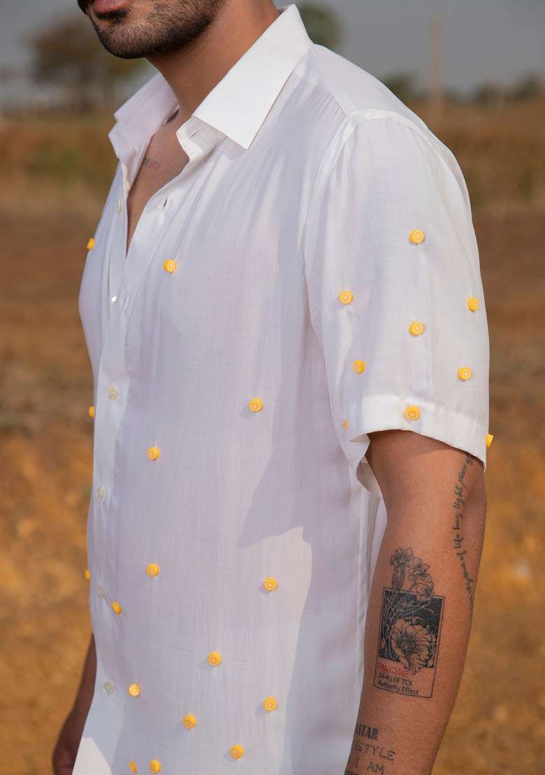 White And Orange Hand Embroidered Shirt For Men - Indya