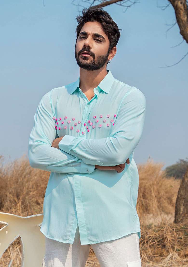 Blue Hand Embroidered Tropicool Shirt For Men - Indya