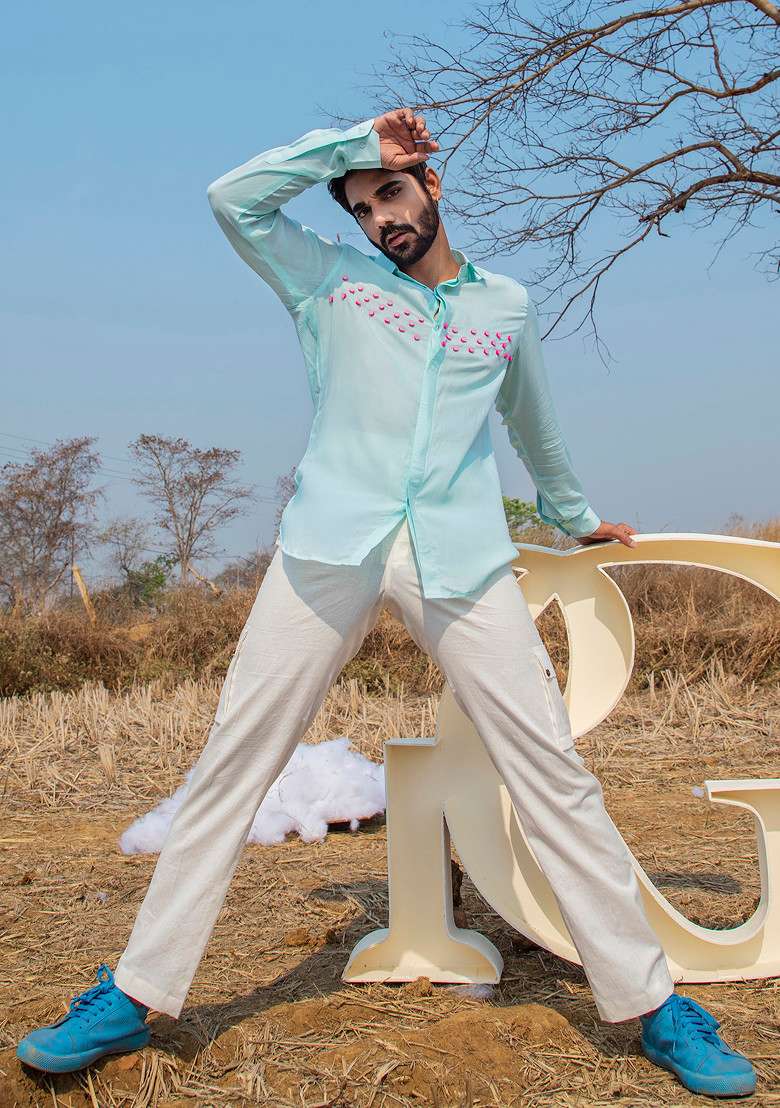 Blue Hand Embroidered Tropicool Shirt For Men - Indya