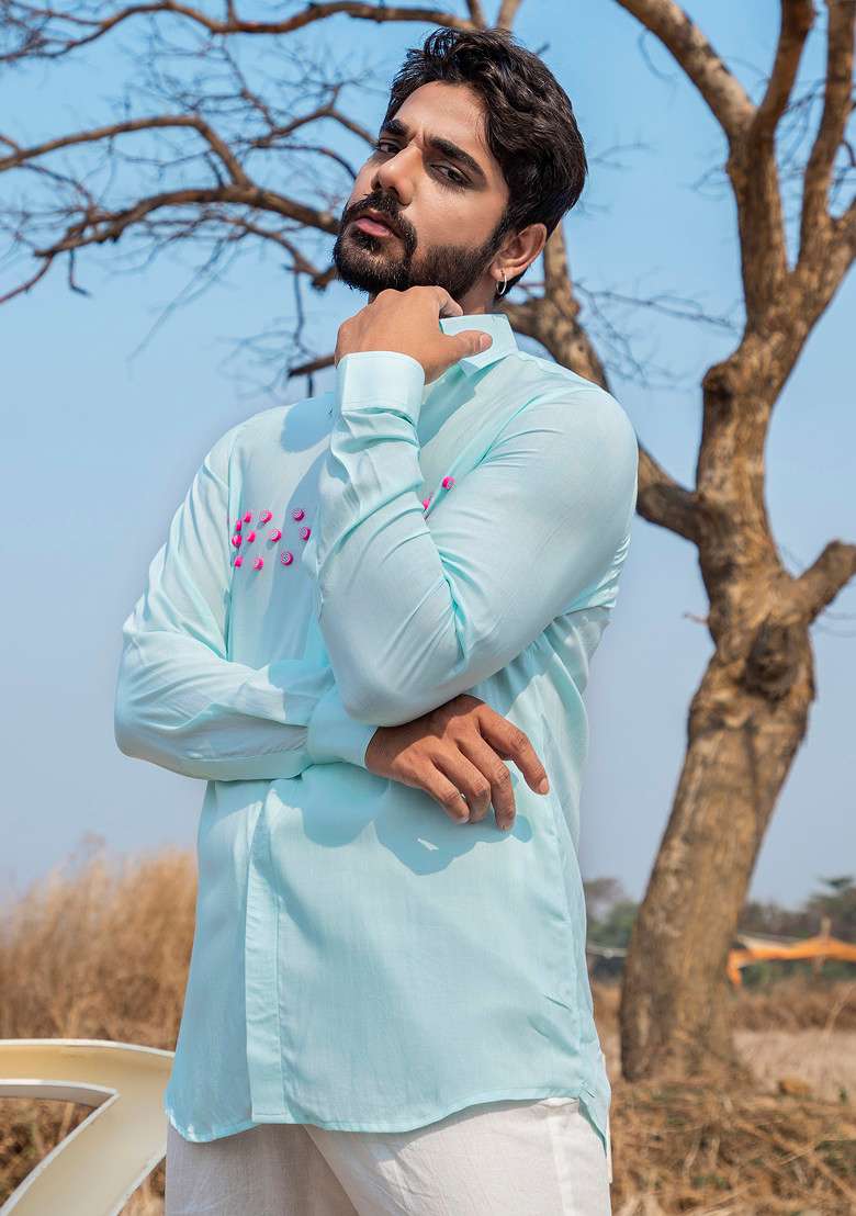 Blue Hand Embroidered Tropicool Shirt For Men - Indya