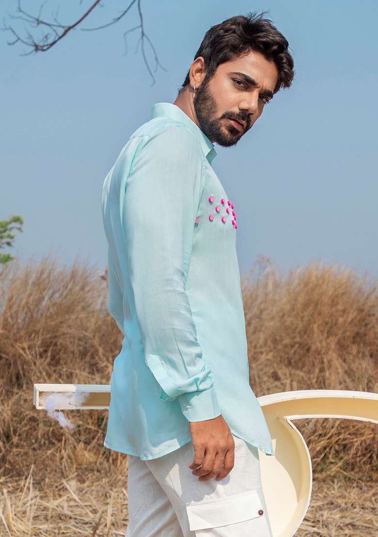 Blue Hand Embroidered Tropicool Shirt For Men - Indya