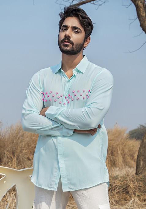 Blue Hand Embroidered Tropicool Shirt For Men