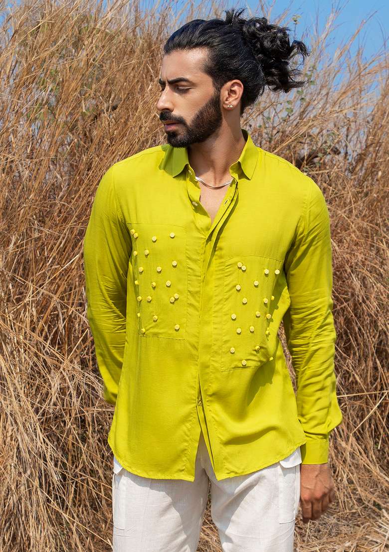 Lime Green Hand Embroidered Lime Slime Shirt For Men - Indya
