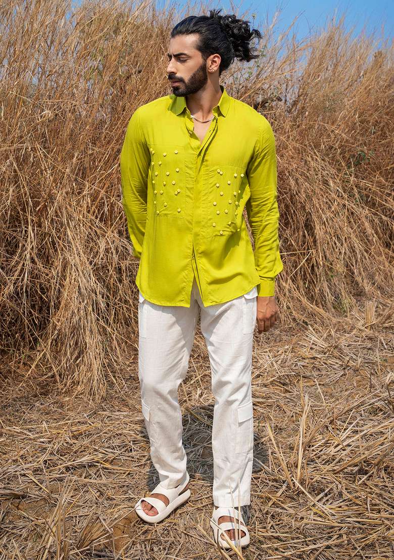 Lime Green Hand Embroidered Lime Slime Shirt For Men - Indya