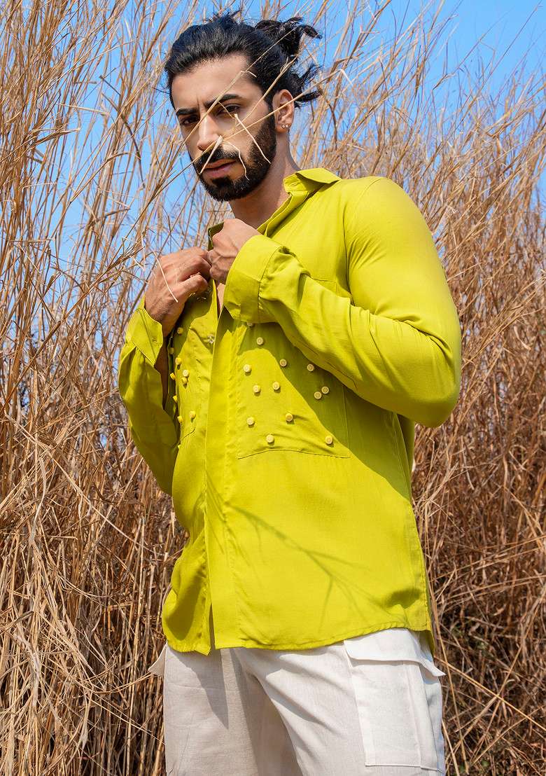 Lime Green Hand Embroidered Lime Slime Shirt For Men - Indya
