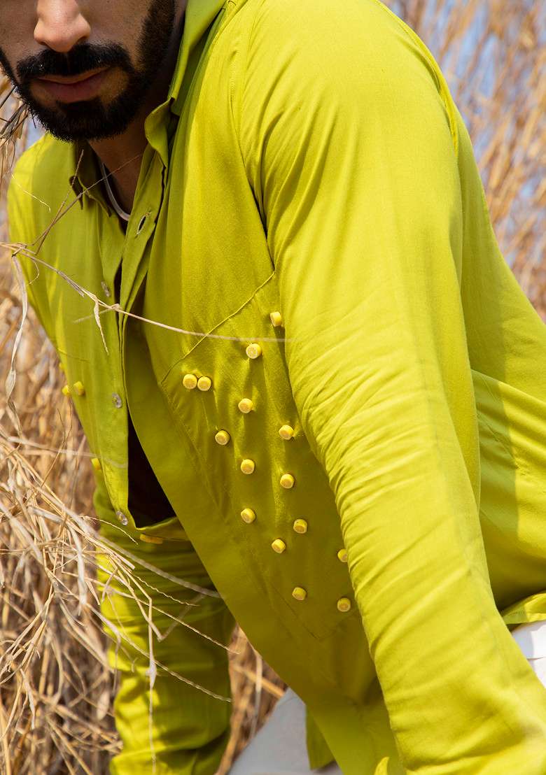Lime Green Hand Embroidered Lime Slime Shirt For Men - Indya