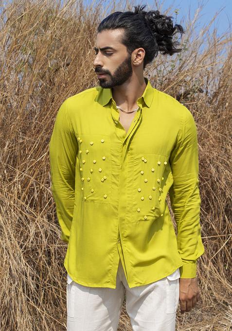 Lime Green Hand Embroidered Lime Slime Shirt For Men